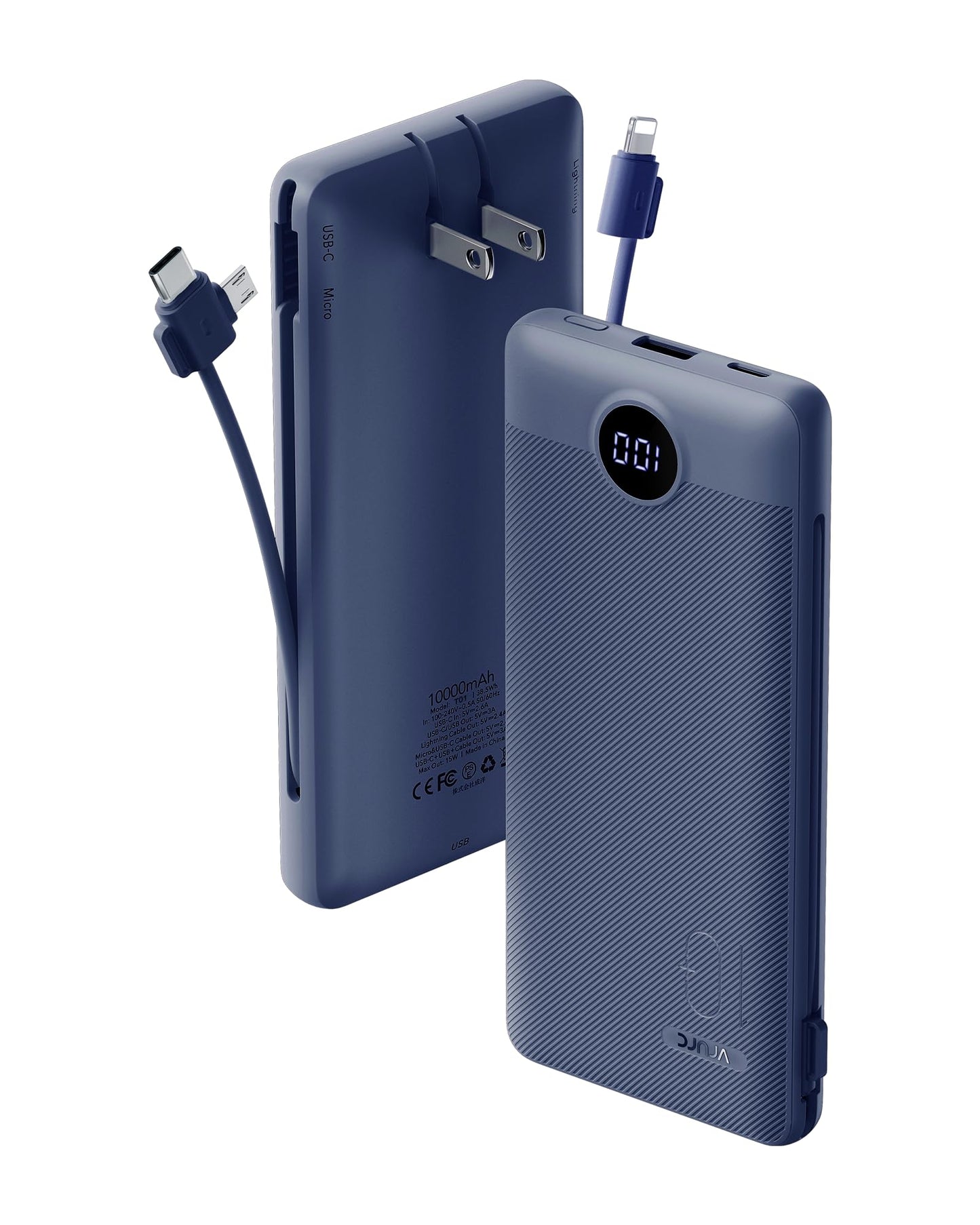 Portable Charger Built-in Cables and AC Wall Plug, VRURC USB C Power Bank 10000mAh, Travel Battery Portable Phone Charger Compact Lightweight External Battery Pack for SmartPhones,Tablets-Viva Magenta