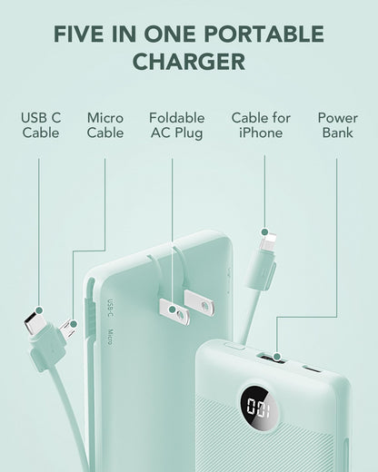 Portable Charger Built-in Cables and AC Wall Plug, VRURC USB C Power Bank 10000mAh, Travel Battery Portable Phone Charger Compact Lightweight External Battery Pack for SmartPhones,Tablets-Viva Magenta