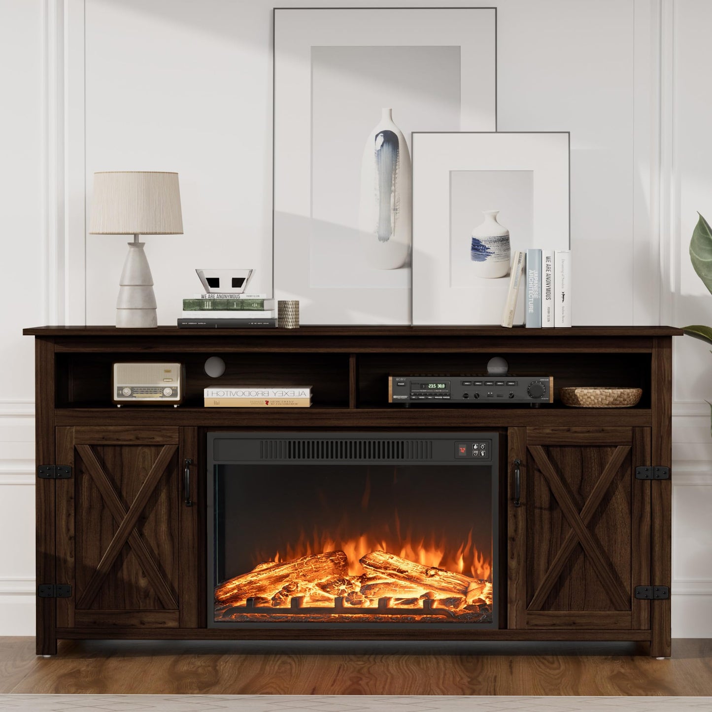 JUMMICO TV Stand for 65 Inch TV, Entertainment Center with Storage Cabinets and Sliding Barn Doors, Mid Century Modern Media TV Console Table for Living Room Bedroom (Rustic Oak)