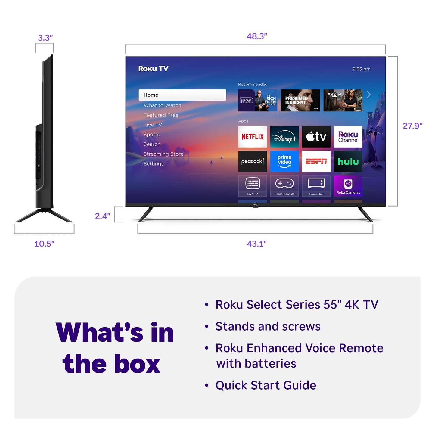 Roku Smart TV 2025 – 50-Inch Select Series, 4K HDR TV – RokuTV with Enhanced Voice Remote – Flat Screen LED Television with Wi-Fi for Streaming Live Local News, Sports, Family Entertainment