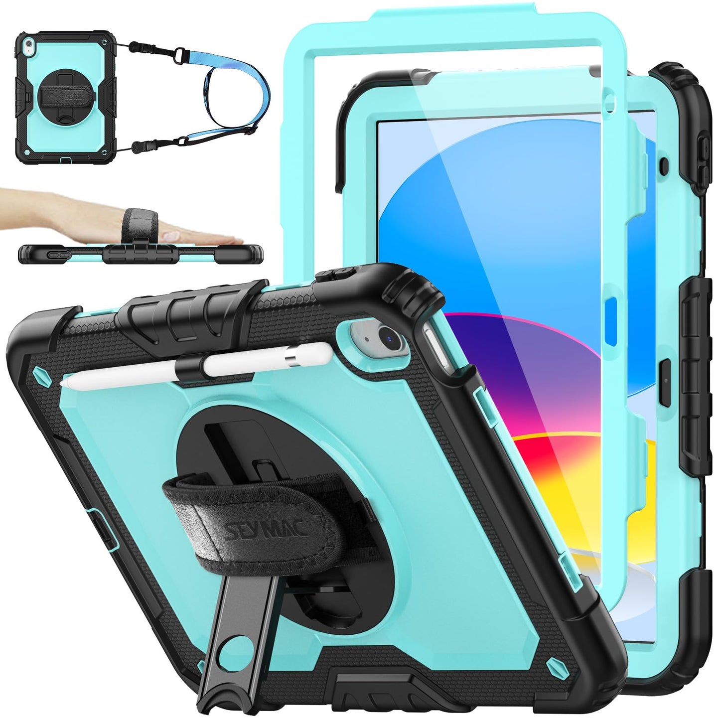SEYMAC stock Case for iPad (A16) 11th/10th Generation 11''/10.9'' 2025/2022, Full-Body Drop Protection Case with Screen Protector &360° Rotate Hand Strap/Stand, Black