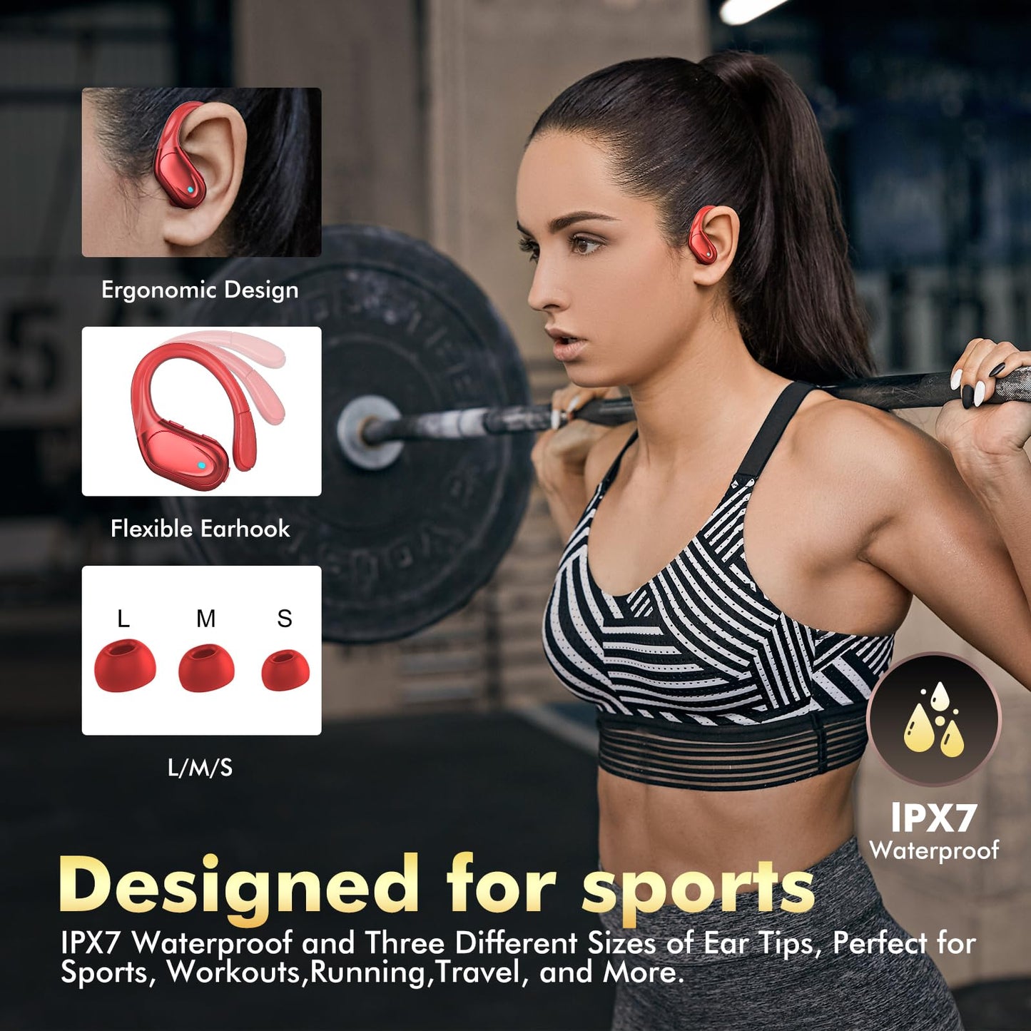 Wireless Earbuds, Sports Bluetooth Headphones, 80Hrs Playtime Ear Buds with LED Power Display, Noise Canceling Headset, IPX7 Waterproof Earphones for Workout/Running (Black)