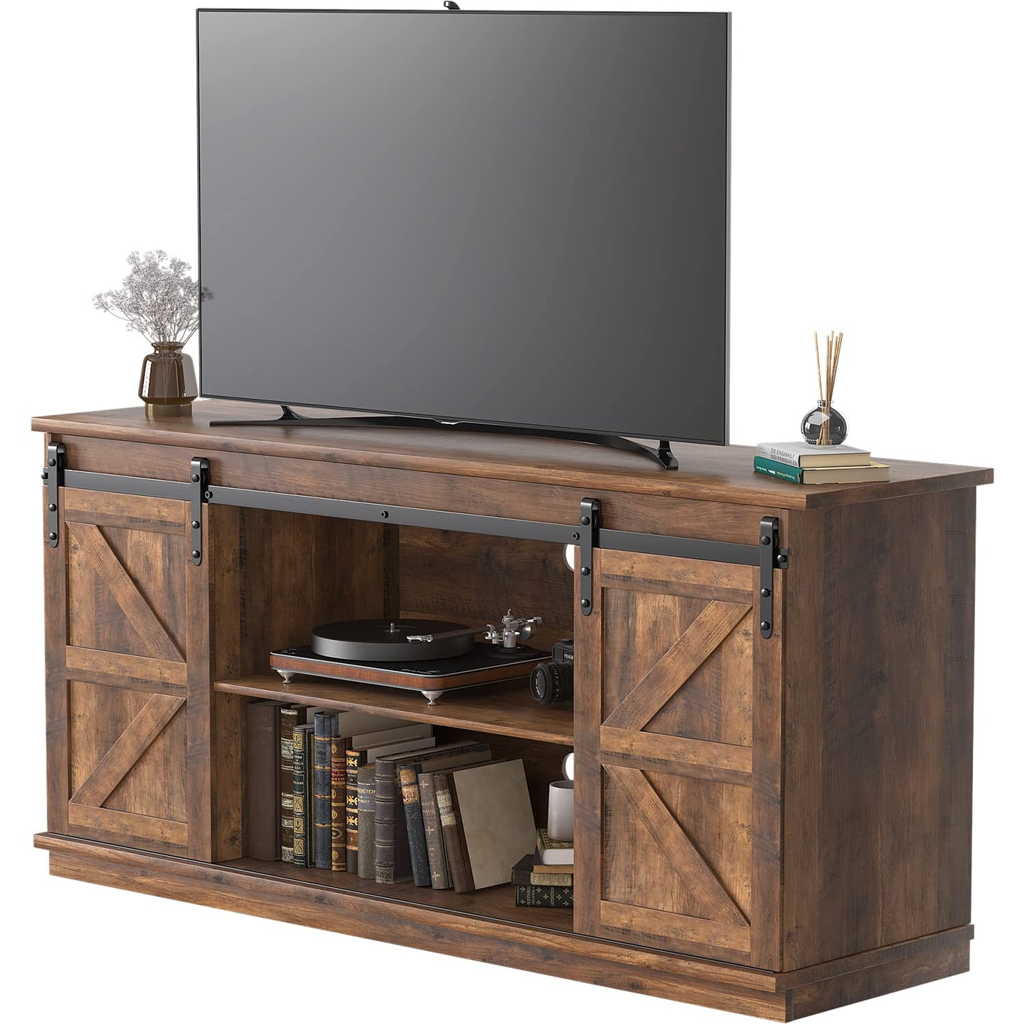 JUMMICO TV Stand for 65 Inch TV, Entertainment Center with Storage Cabinets and Sliding Barn Doors, Mid Century Modern Media TV Console Table for Living Room Bedroom (Rustic Oak)