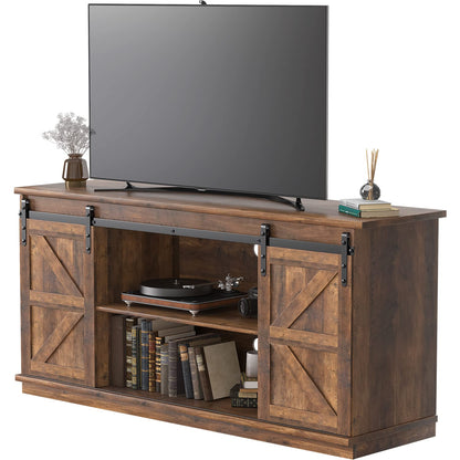 JUMMICO TV Stand for 65 Inch TV, Entertainment Center with Storage Cabinets and Sliding Barn Doors, Mid Century Modern Media TV Console Table for Living Room Bedroom (Rustic Oak)