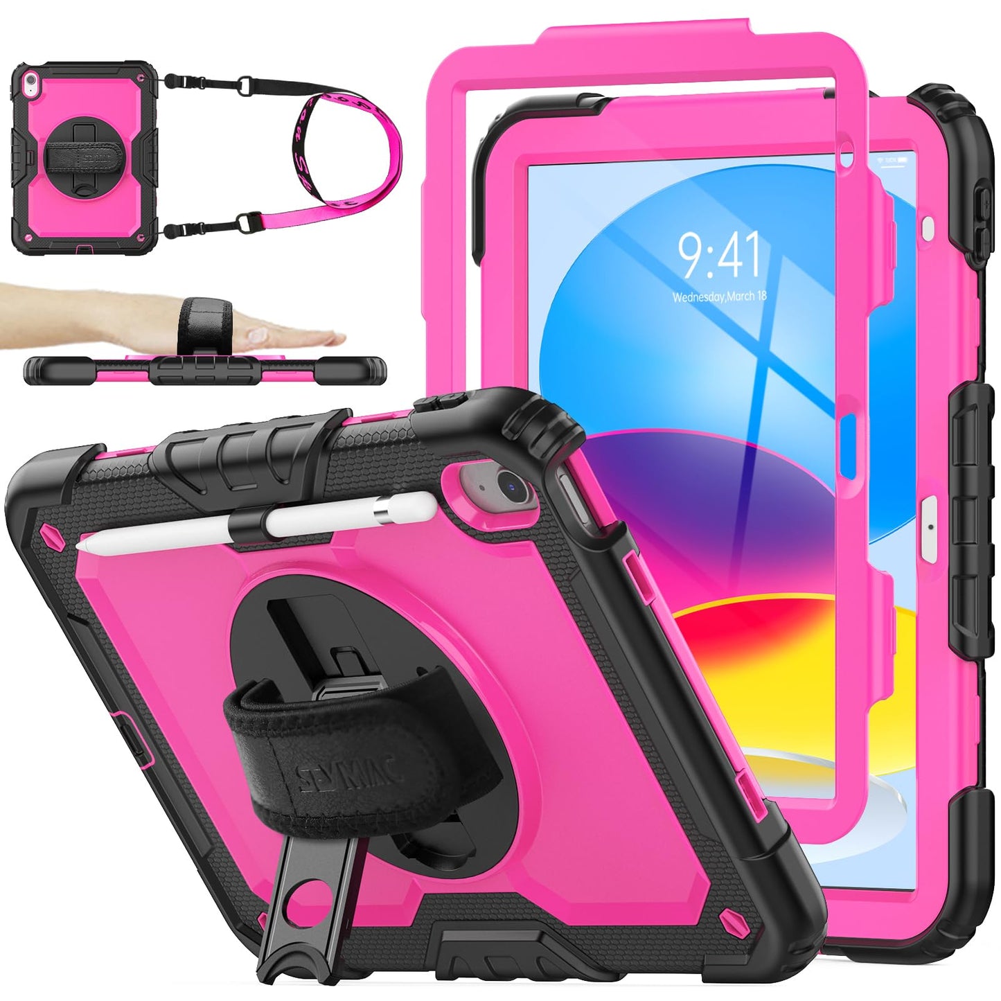 SEYMAC stock Case for iPad (A16) 11th/10th Generation 11''/10.9'' 2025/2022, Full-Body Drop Protection Case with Screen Protector &360° Rotate Hand Strap/Stand, Black