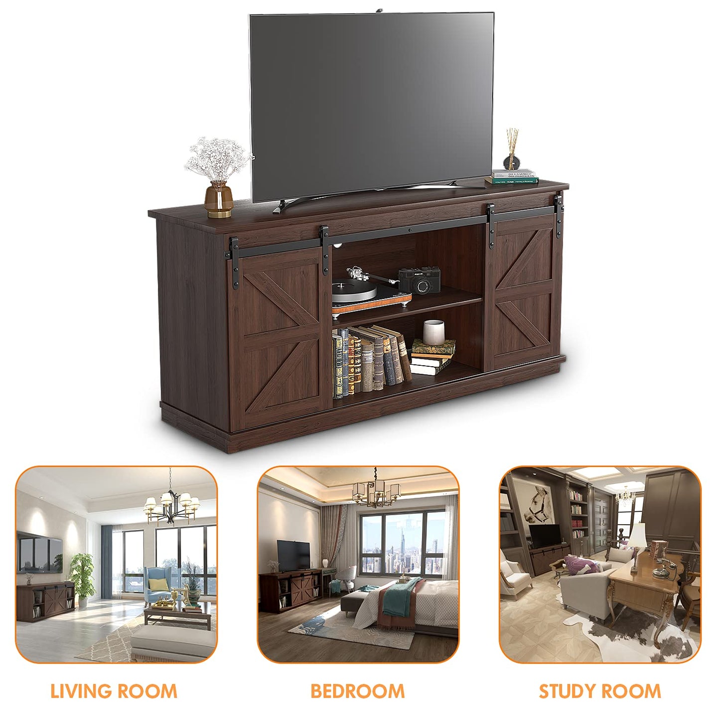 JUMMICO TV Stand for 65 Inch TV, Entertainment Center with Storage Cabinets and Sliding Barn Doors, Mid Century Modern Media TV Console Table for Living Room Bedroom (Rustic Oak)