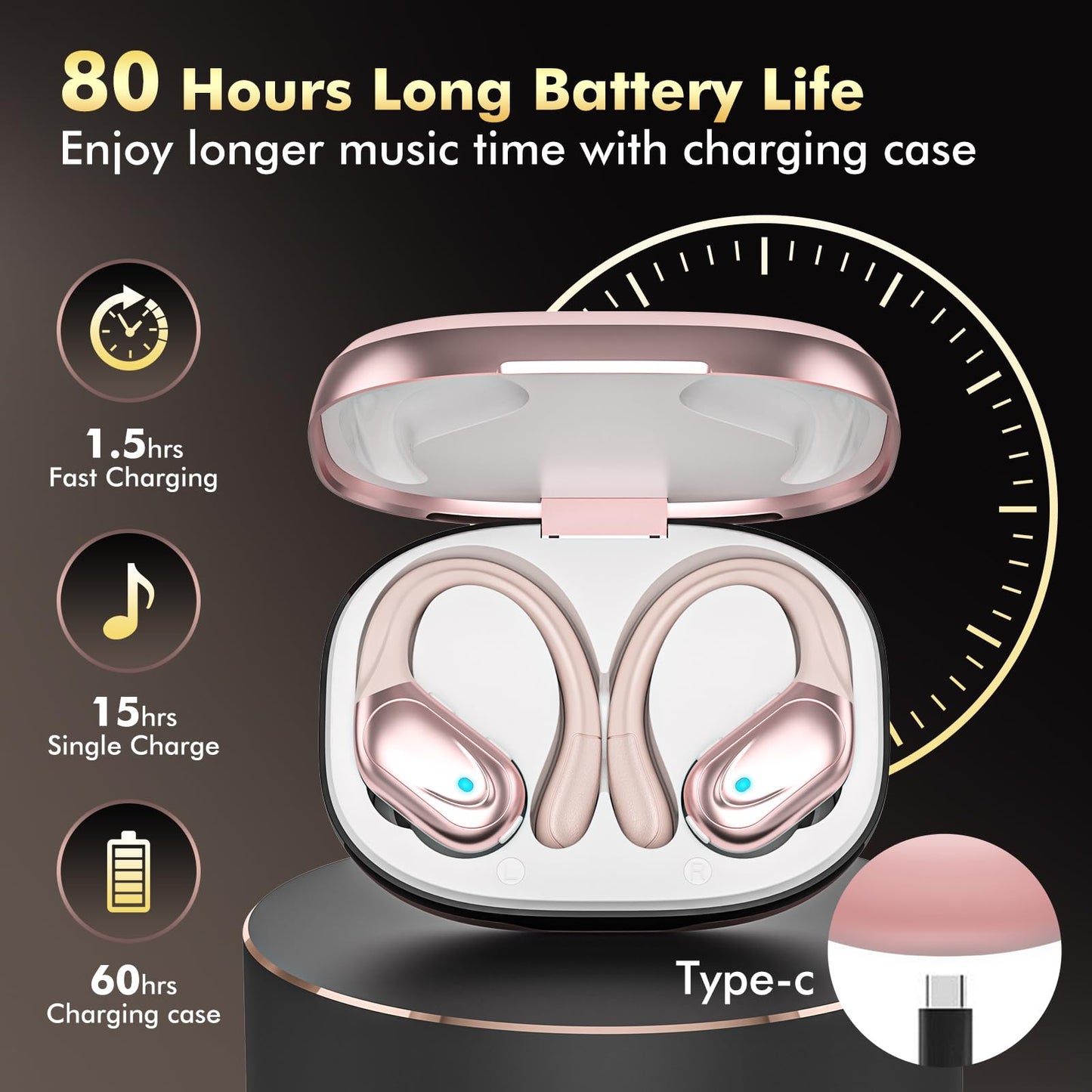 Wireless Earbuds, Sports Bluetooth Headphones, 80Hrs Playtime Ear Buds with LED Power Display, Noise Canceling Headset, IPX7 Waterproof Earphones for Workout/Running (Black)