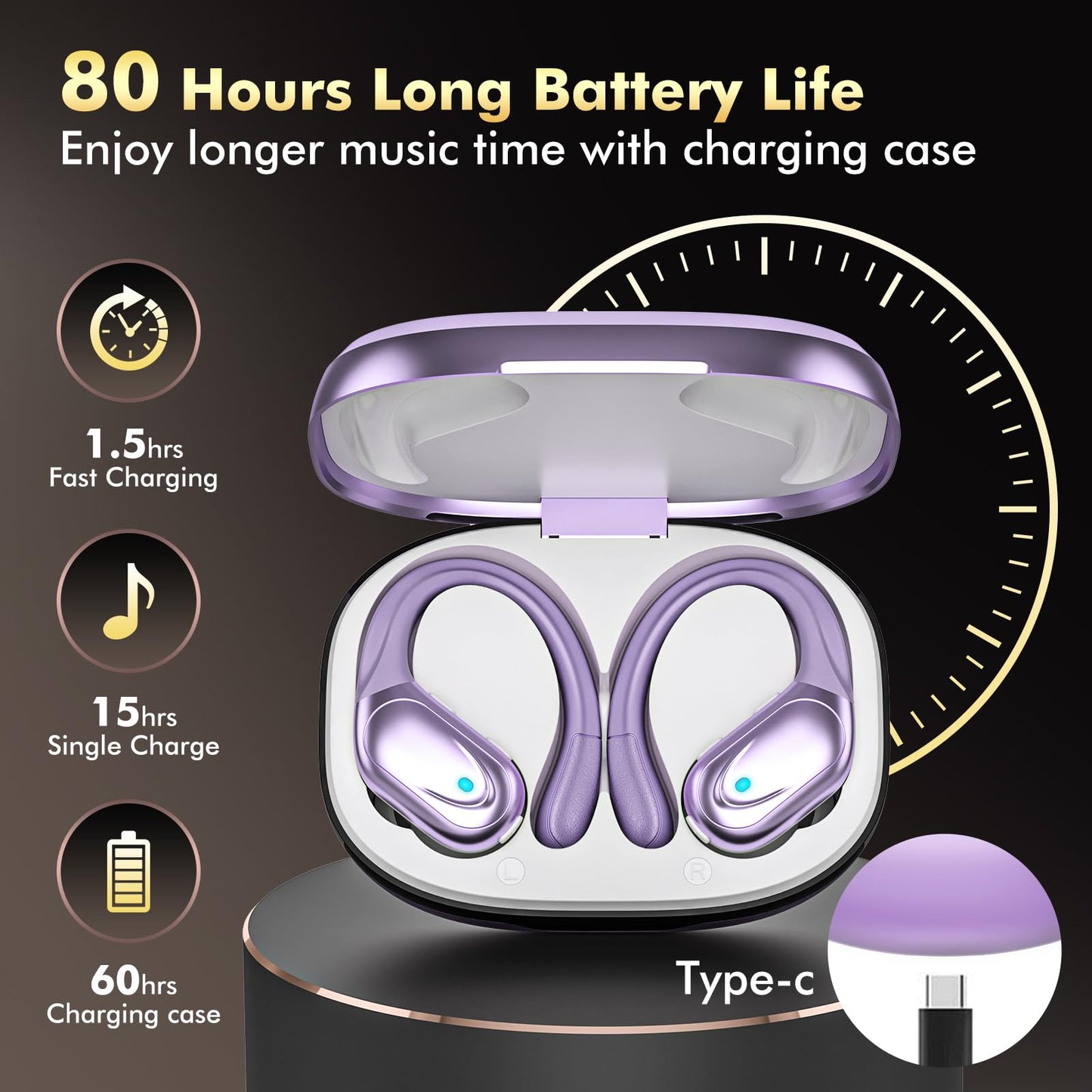 Wireless Earbuds, Sports Bluetooth Headphones, 80Hrs Playtime Ear Buds with LED Power Display, Noise Canceling Headset, IPX7 Waterproof Earphones for Workout/Running (Black)