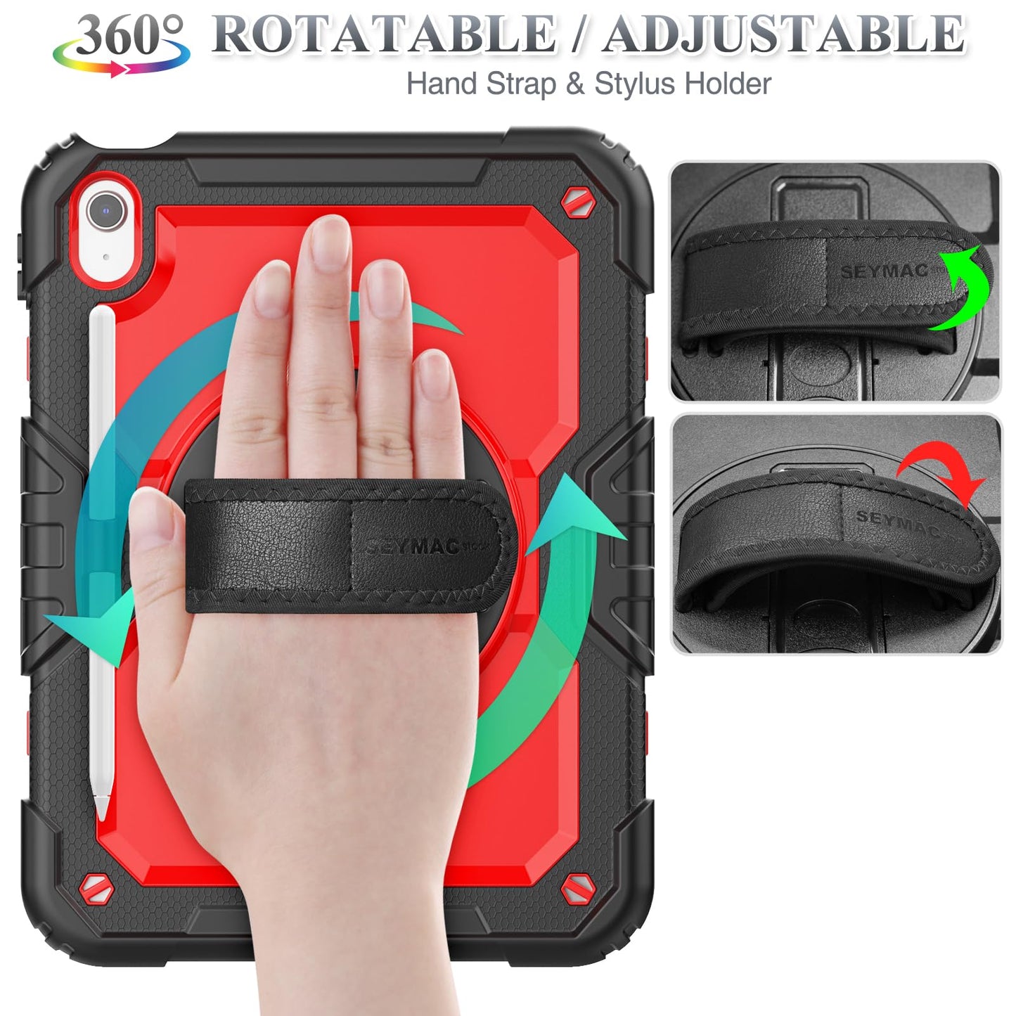 SEYMAC stock Case for iPad (A16) 11th/10th Generation 11''/10.9'' 2025/2022, Full-Body Drop Protection Case with Screen Protector &360° Rotate Hand Strap/Stand, Black