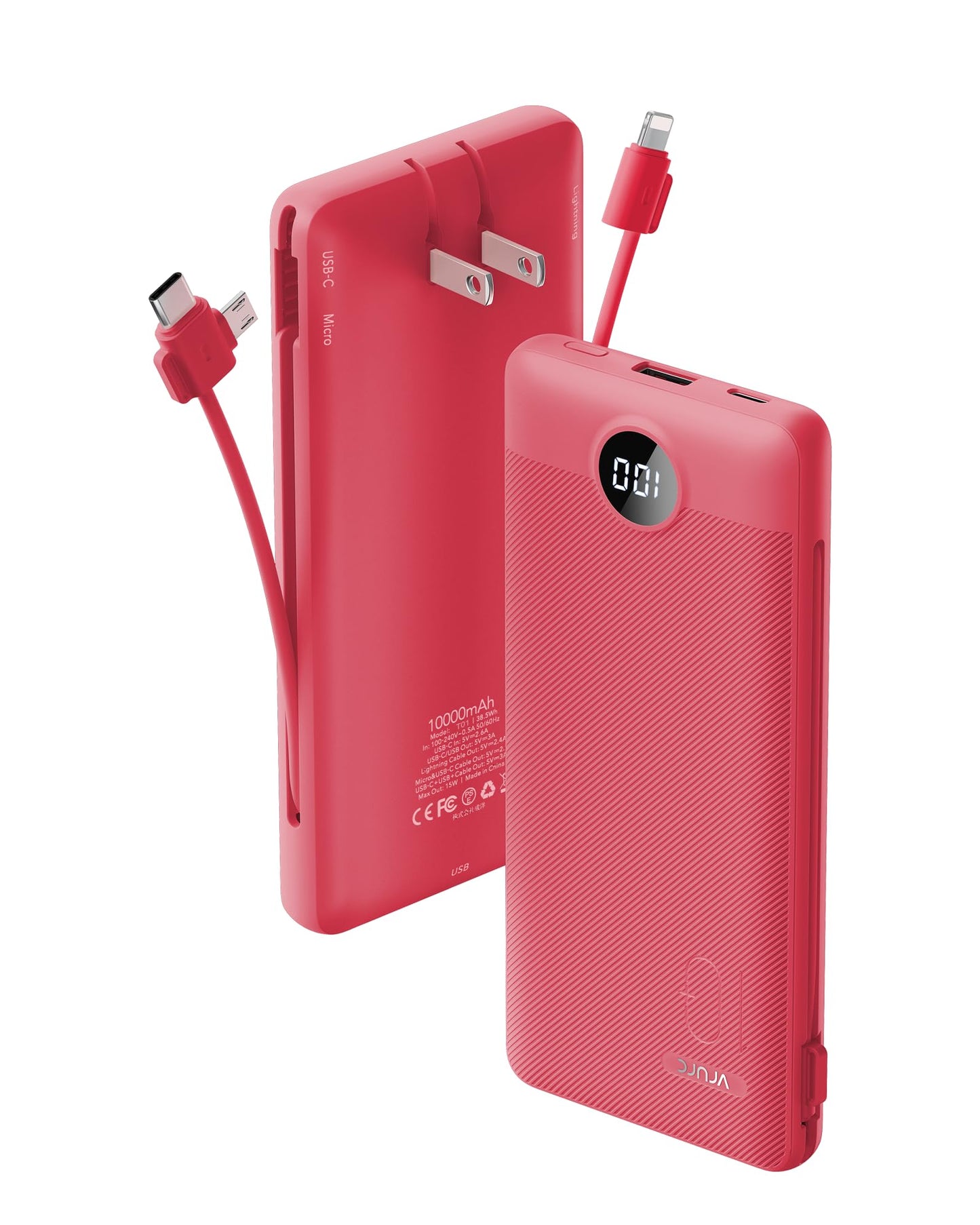 Portable Charger Built-in Cables and AC Wall Plug, VRURC USB C Power Bank 10000mAh, Travel Battery Portable Phone Charger Compact Lightweight External Battery Pack for SmartPhones,Tablets-Viva Magenta