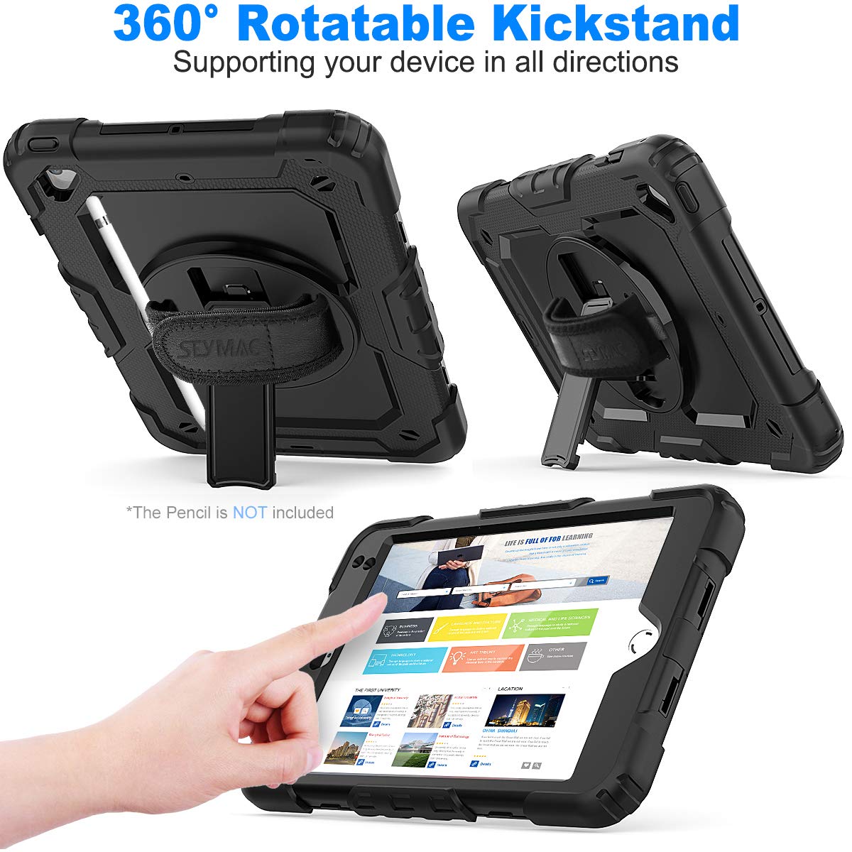 SEYMAC stock Case for iPad (A16) 11th/10th Generation 11''/10.9'' 2025/2022, Full-Body Drop Protection Case with Screen Protector &360° Rotate Hand Strap/Stand, Black
