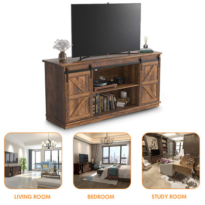 JUMMICO TV Stand for 65 Inch TV, Entertainment Center with Storage Cabinets and Sliding Barn Doors, Mid Century Modern Media TV Console Table for Living Room Bedroom (Rustic Oak)