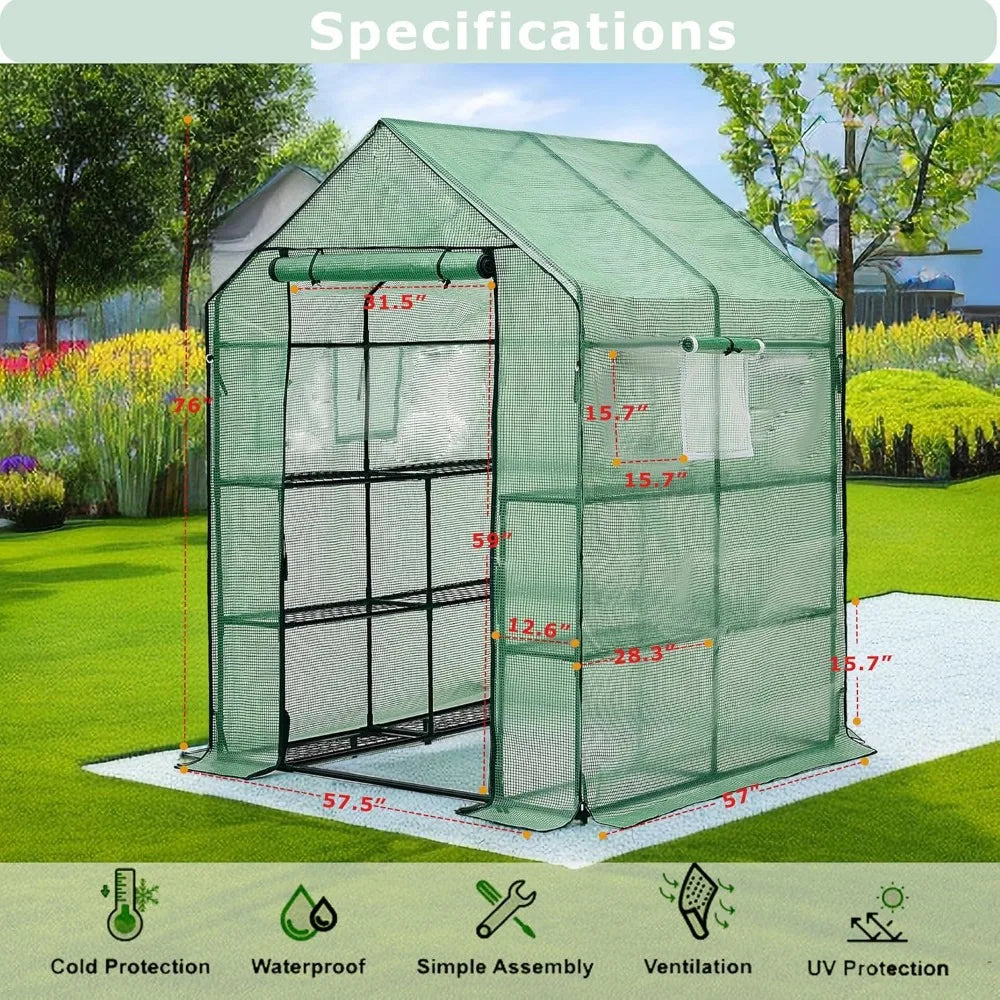 Outdoor Walk-in Greenhouse with Thickened PE Cover, Heavy Duty Steel Frame, Mesh Door, and Screen Windows, 14 Sturdy Shelves