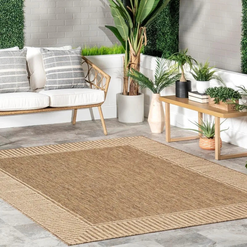 9'6" X 12' Outdoor Area Rug, Casual Design With Striped Border, Stain Resistant, Highly Durable, For Patio, Balcony, Bedroom