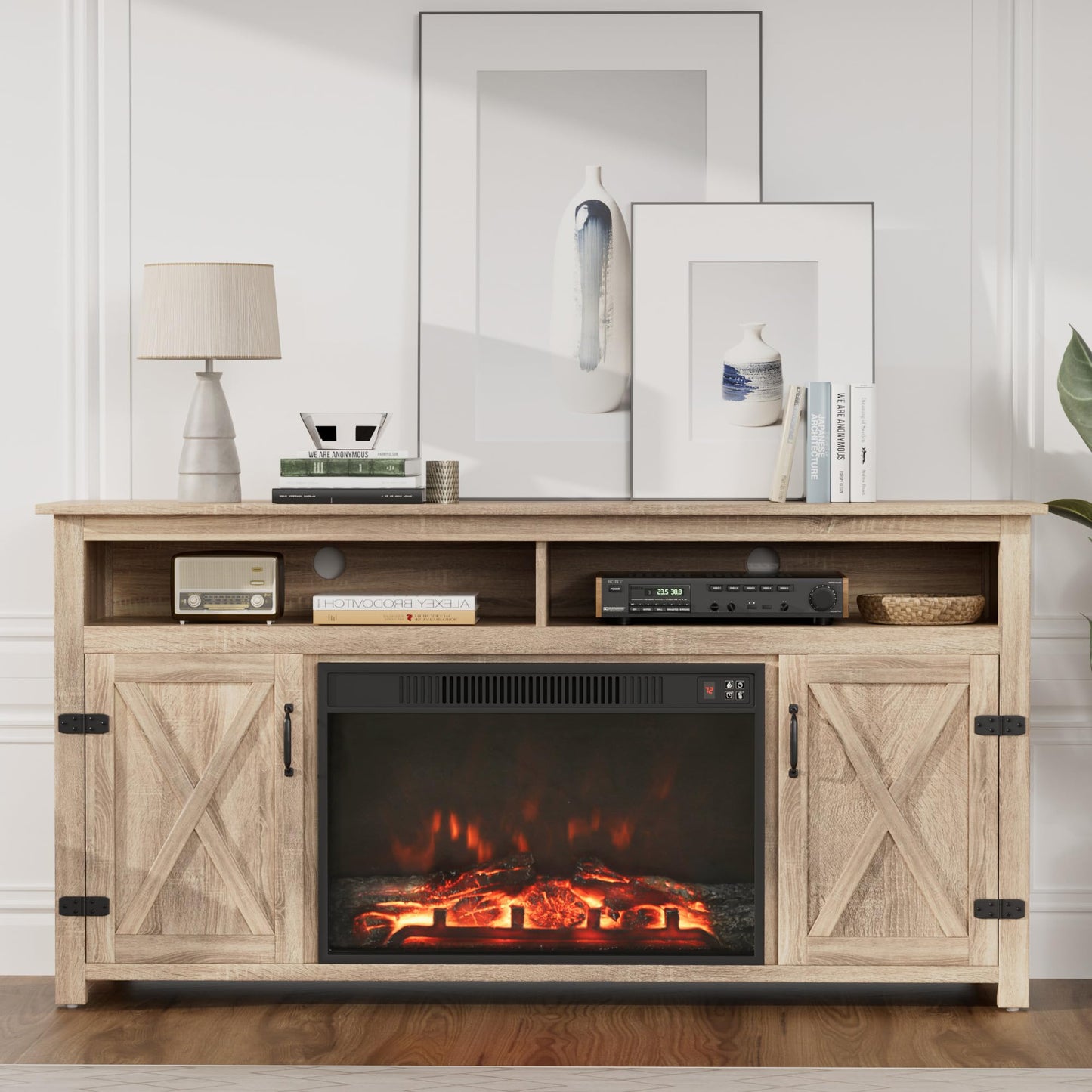 JUMMICO TV Stand for 65 Inch TV, Entertainment Center with Storage Cabinets and Sliding Barn Doors, Mid Century Modern Media TV Console Table for Living Room Bedroom (Rustic Oak)