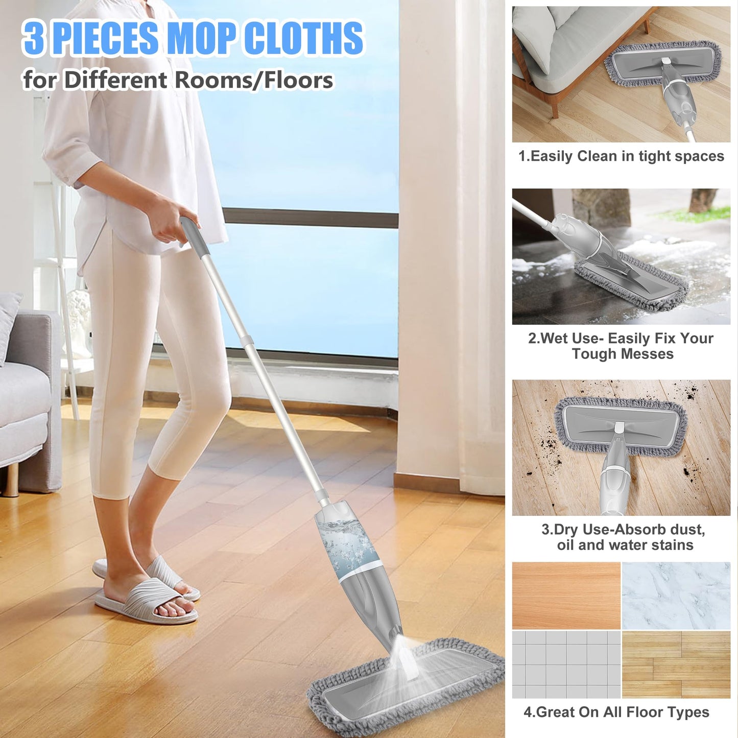 Spray Mop for Hardwood Floors Cleaning: Microfiber Wet Dry Floor Mops with 4 Washable Pads for Swiffer PowerMop - Flat Mop with Sprayer for Kitchen Tile Wood Laminate Vinyl