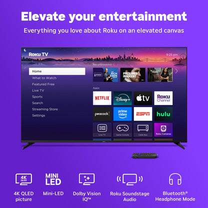 Roku Smart TV 2025 – 75-Inch Pro Series, Mini-LED TV – RokuTV with Backlit Voice Remote Pro – Flat Screen 4K QLED Television with 120Hz Refresh Rate & Dolby Vision IQ, Live News, Sports, Entertainment