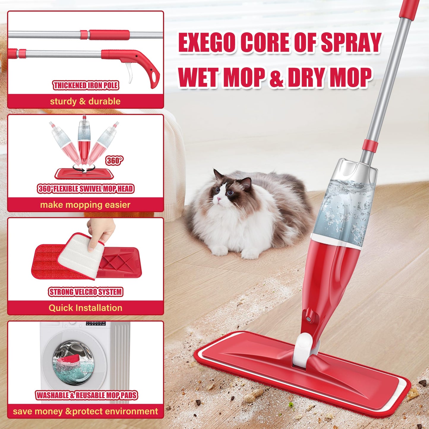 Spray Mop for Hardwood Floors Cleaning: Microfiber Wet Dry Floor Mops with 4 Washable Pads for Swiffer PowerMop - Flat Mop with Sprayer for Kitchen Tile Wood Laminate Vinyl