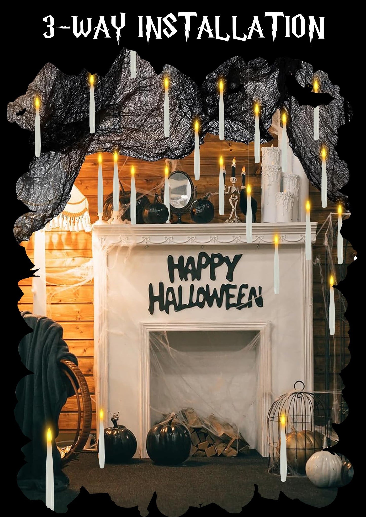Halloween Decorations, 20 PCs Floating Candles with Wand Magic Hanging Candles, Flickering Warm Light Flameless Floating LED Candle with Wand Remote, Battery Operated Taper Candle Set for Theme Party