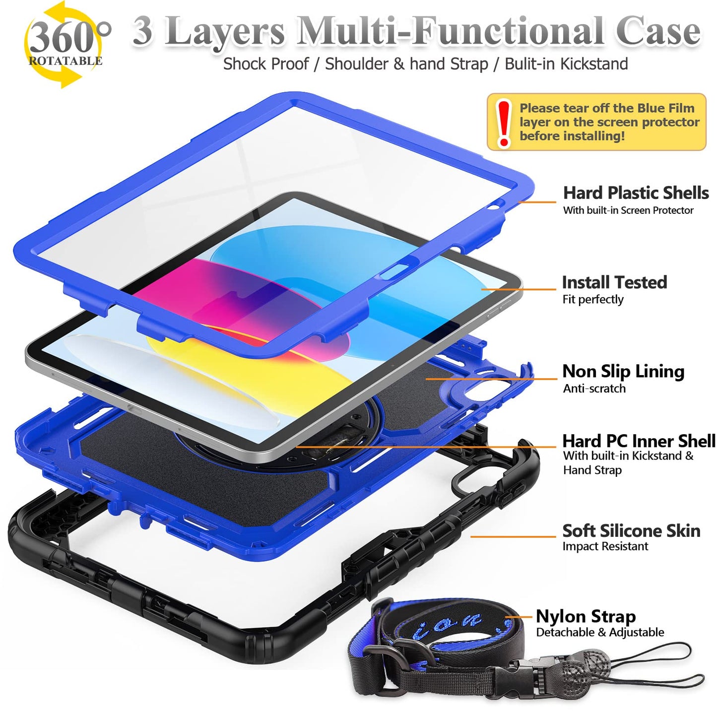 SEYMAC stock Case for iPad (A16) 11th/10th Generation 11''/10.9'' 2025/2022, Full-Body Drop Protection Case with Screen Protector &360° Rotate Hand Strap/Stand, Black