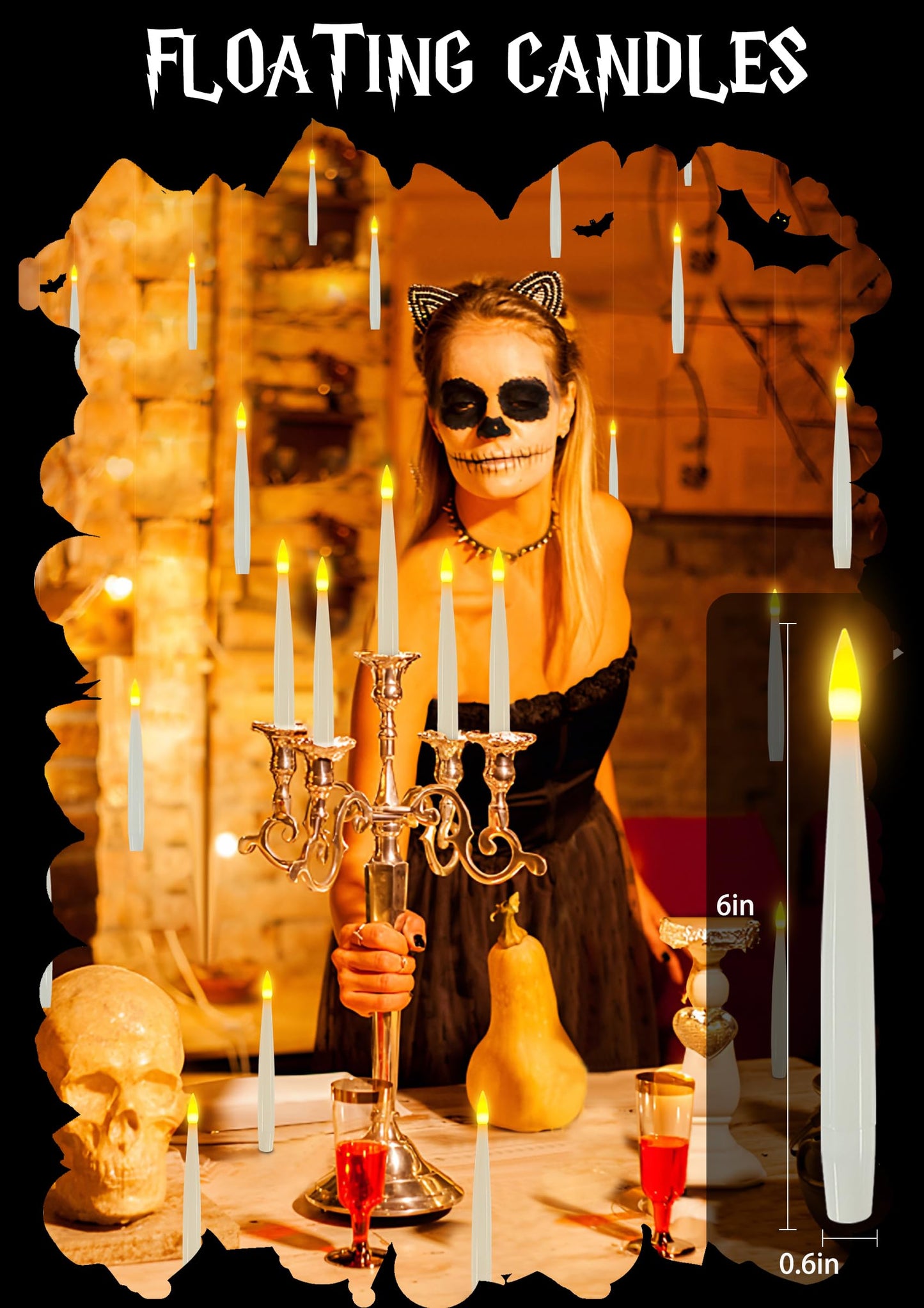 Halloween Decorations, 20 PCs Floating Candles with Wand Magic Hanging Candles, Flickering Warm Light Flameless Floating LED Candle with Wand Remote, Battery Operated Taper Candle Set for Theme Party