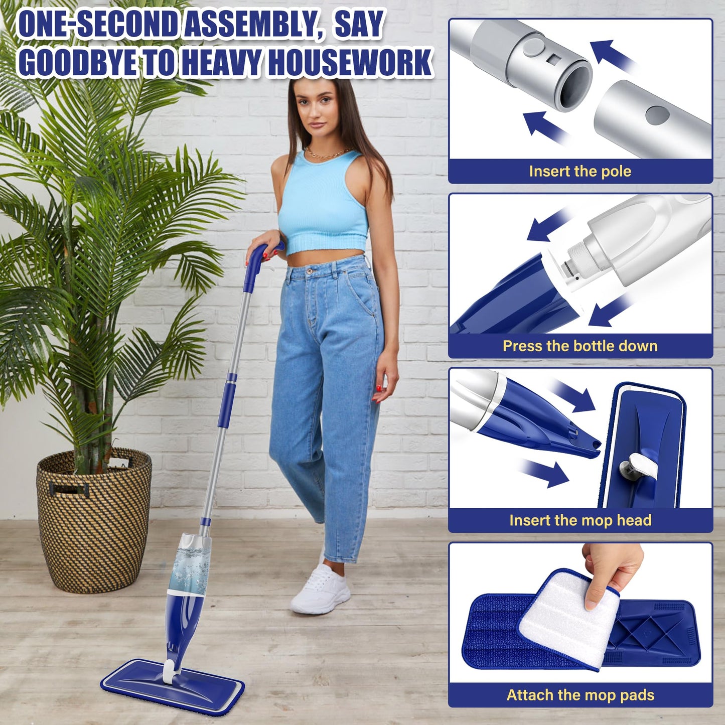 Spray Mop for Hardwood Floors Cleaning: Microfiber Wet Dry Floor Mops with 4 Washable Pads for Swiffer PowerMop - Flat Mop with Sprayer for Kitchen Tile Wood Laminate Vinyl