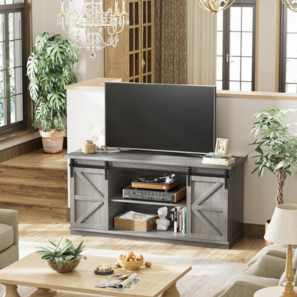 JUMMICO TV Stand for 65 Inch TV, Entertainment Center with Storage Cabinets and Sliding Barn Doors, Mid Century Modern Media TV Console Table for Living Room Bedroom (Rustic Oak)