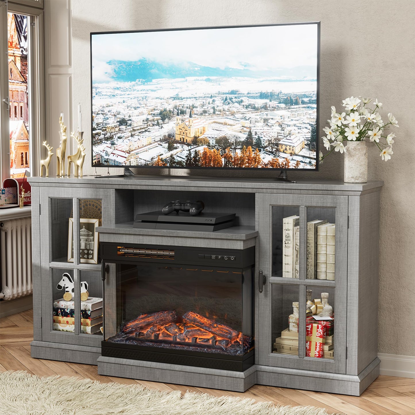JUMMICO TV Stand for 65 Inch TV, Entertainment Center with Storage Cabinets and Sliding Barn Doors, Mid Century Modern Media TV Console Table for Living Room Bedroom (Rustic Oak)