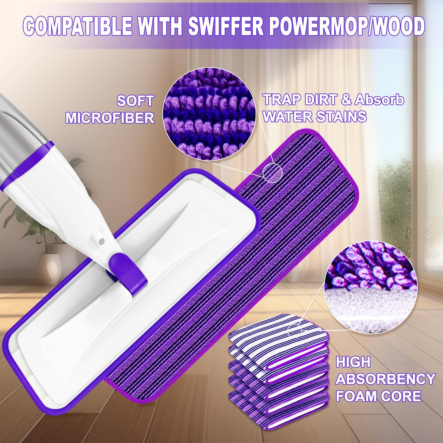 Spray Mop for Hardwood Floors Cleaning: Microfiber Wet Dry Floor Mops with 4 Washable Pads for Swiffer PowerMop - Flat Mop with Sprayer for Kitchen Tile Wood Laminate Vinyl
