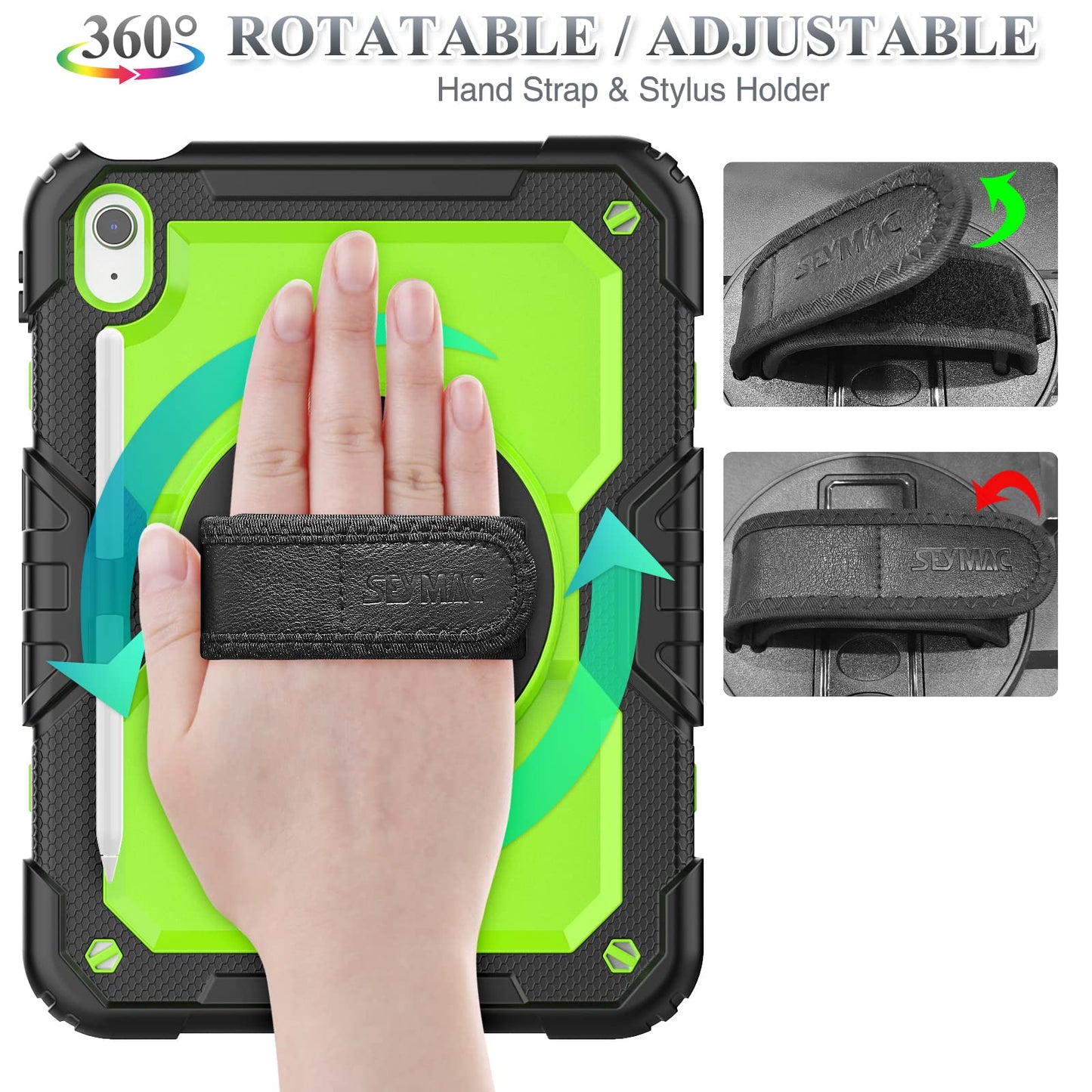SEYMAC stock Case for iPad (A16) 11th/10th Generation 11''/10.9'' 2025/2022, Full-Body Drop Protection Case with Screen Protector &360° Rotate Hand Strap/Stand, Black