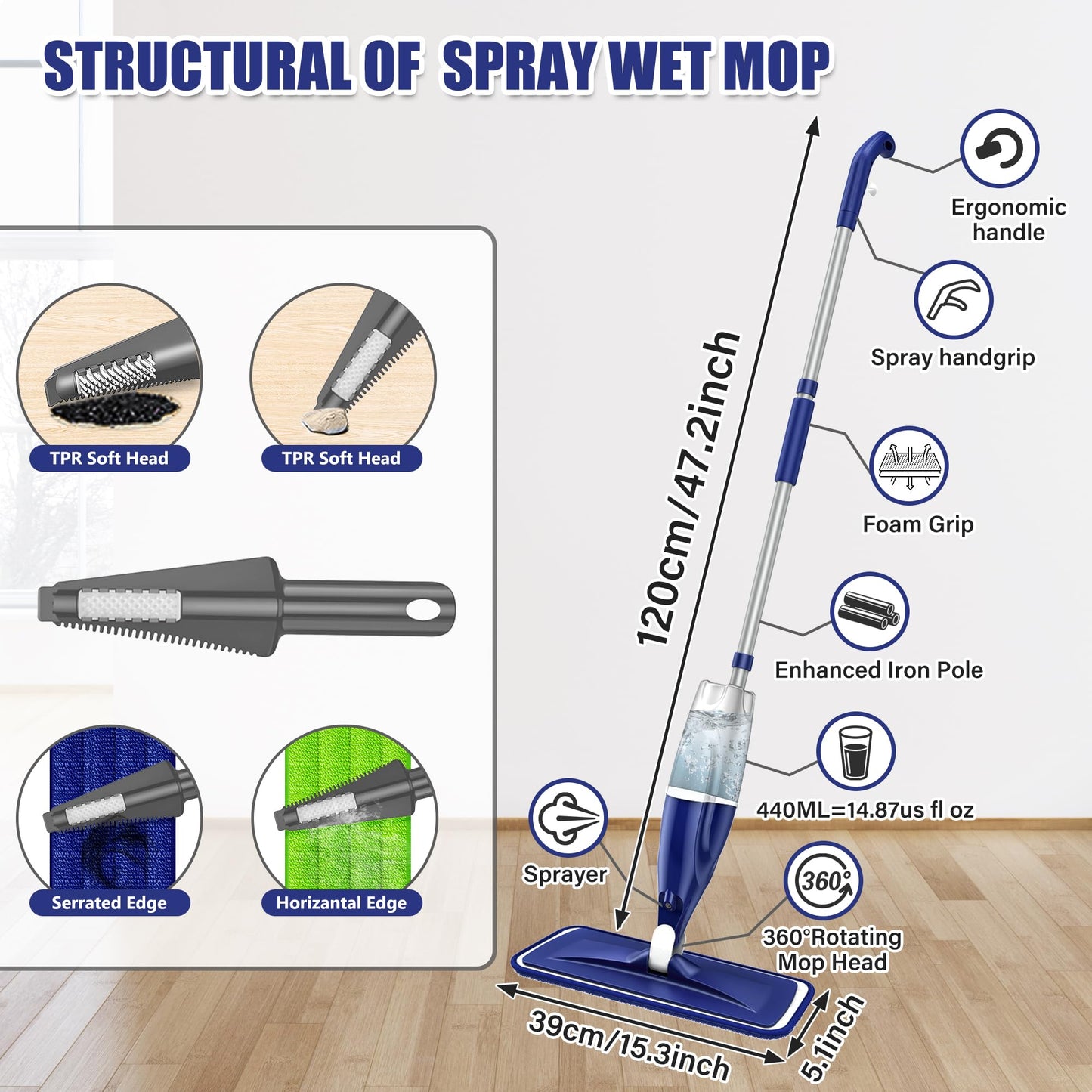 Spray Mop for Hardwood Floors Cleaning: Microfiber Wet Dry Floor Mops with 4 Washable Pads for Swiffer PowerMop - Flat Mop with Sprayer for Kitchen Tile Wood Laminate Vinyl