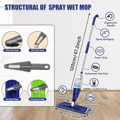 Spray Mop for Hardwood Floors Cleaning: Microfiber Wet Dry Floor Mops with 4 Washable Pads for Swiffer PowerMop - Flat Mop with Sprayer for Kitchen Tile Wood Laminate Vinyl