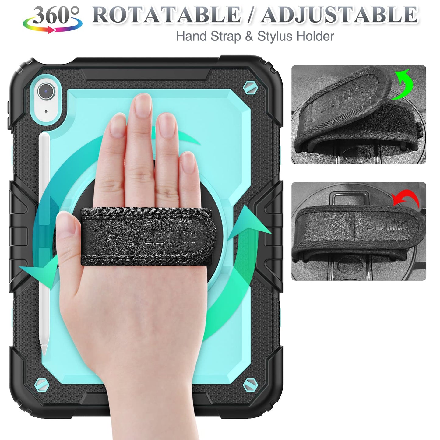 SEYMAC stock Case for iPad (A16) 11th/10th Generation 11''/10.9'' 2025/2022, Full-Body Drop Protection Case with Screen Protector &360° Rotate Hand Strap/Stand, Black