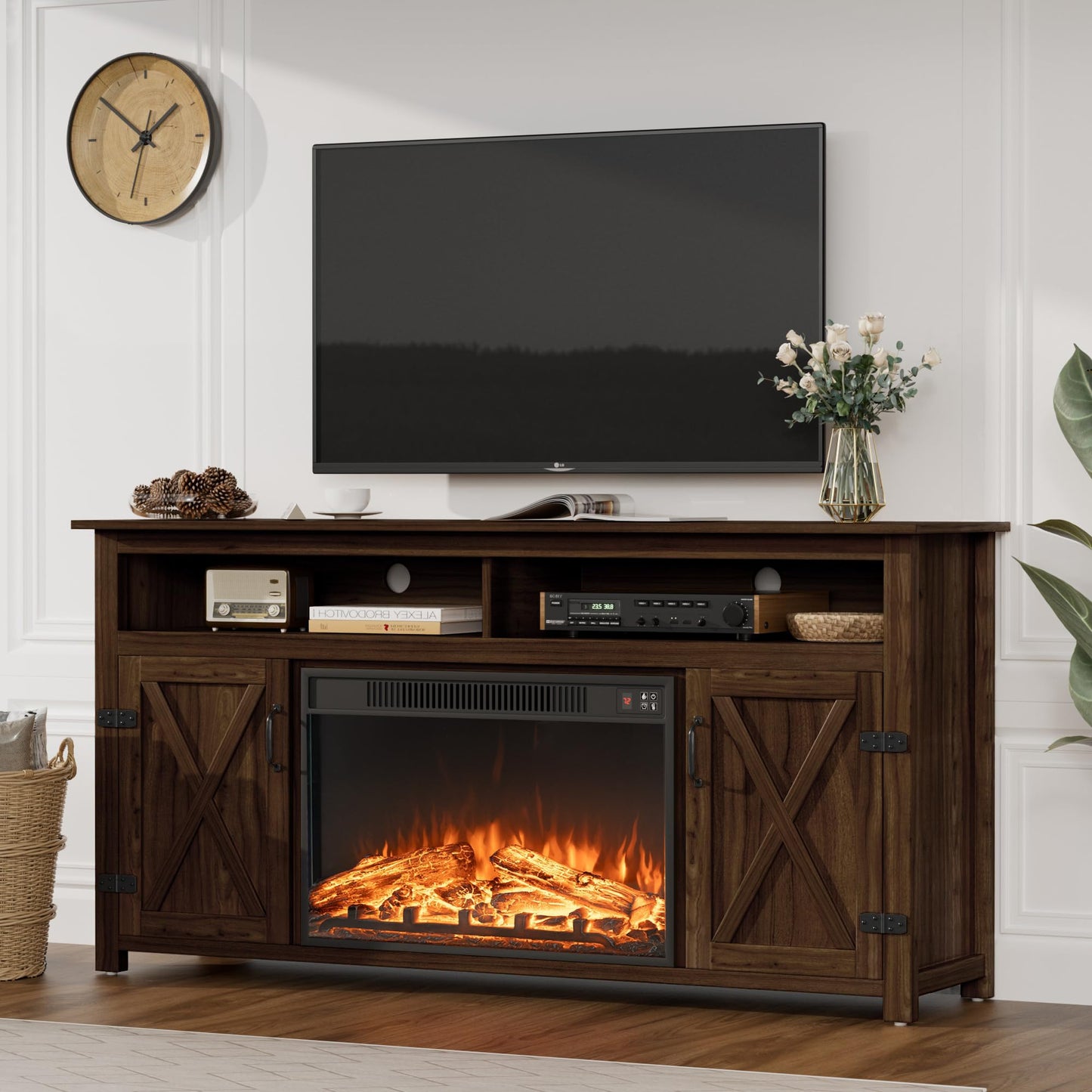 JUMMICO TV Stand for 65 Inch TV, Entertainment Center with Storage Cabinets and Sliding Barn Doors, Mid Century Modern Media TV Console Table for Living Room Bedroom (Rustic Oak)