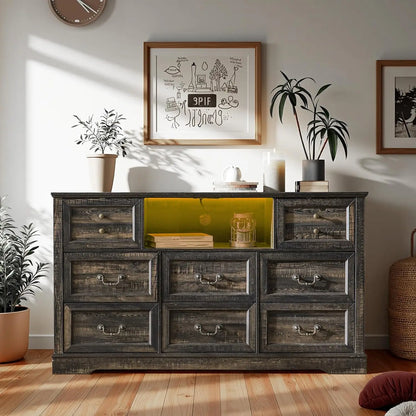 White Dresser for Bedroom with Charging Station & Led Lights,55.02" TV Stand with 8 Drawers,Dressers & Chests of Drawers