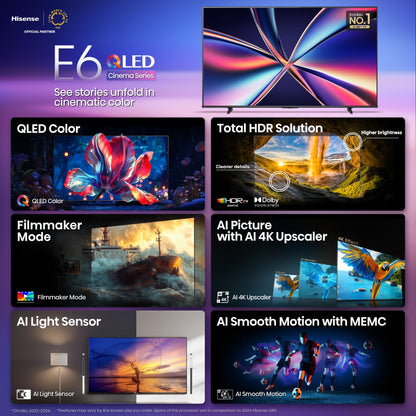 Hisense 65" E6 Cinema Series QLED 4K UHD Smart Fire TV (65E6QF, 2025 Model) - QLED, AI Light Sensor, Dolby Vision · Atmos, Voice Remote with Alexa, Motion Rate 120, HDR 10+ Adaptive, Game Mode Plus