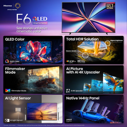 Hisense 65" E6 Cinema Series QLED 4K UHD Smart Fire TV (65E6QF, 2025 Model) - QLED, AI Light Sensor, Dolby Vision · Atmos, Voice Remote with Alexa, Motion Rate 120, HDR 10+ Adaptive, Game Mode Plus