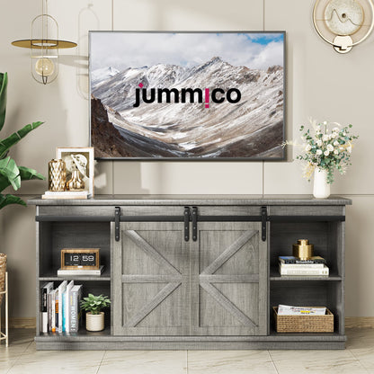 JUMMICO TV Stand for 65 Inch TV, Entertainment Center with Storage Cabinets and Sliding Barn Doors, Mid Century Modern Media TV Console Table for Living Room Bedroom (Rustic Oak)