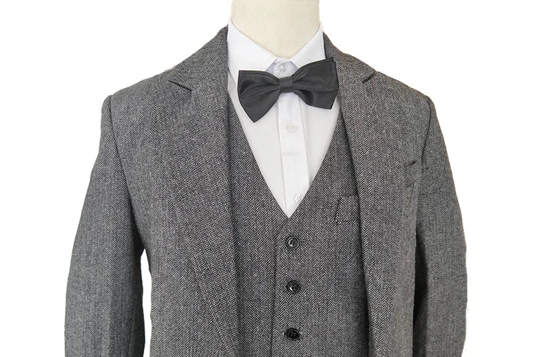 Mens Winter Groom Wear Wedding Dress Business Suit Party Suit Herringbone Tweed 4Piece (Overcoat+Jacket+Pant+Vest)