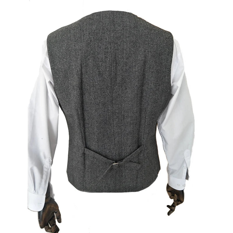 Mens Winter Groom Wear Wedding Dress Business Suit Party Suit Herringbone Tweed 4Piece (Overcoat+Jacket+Pant+Vest)