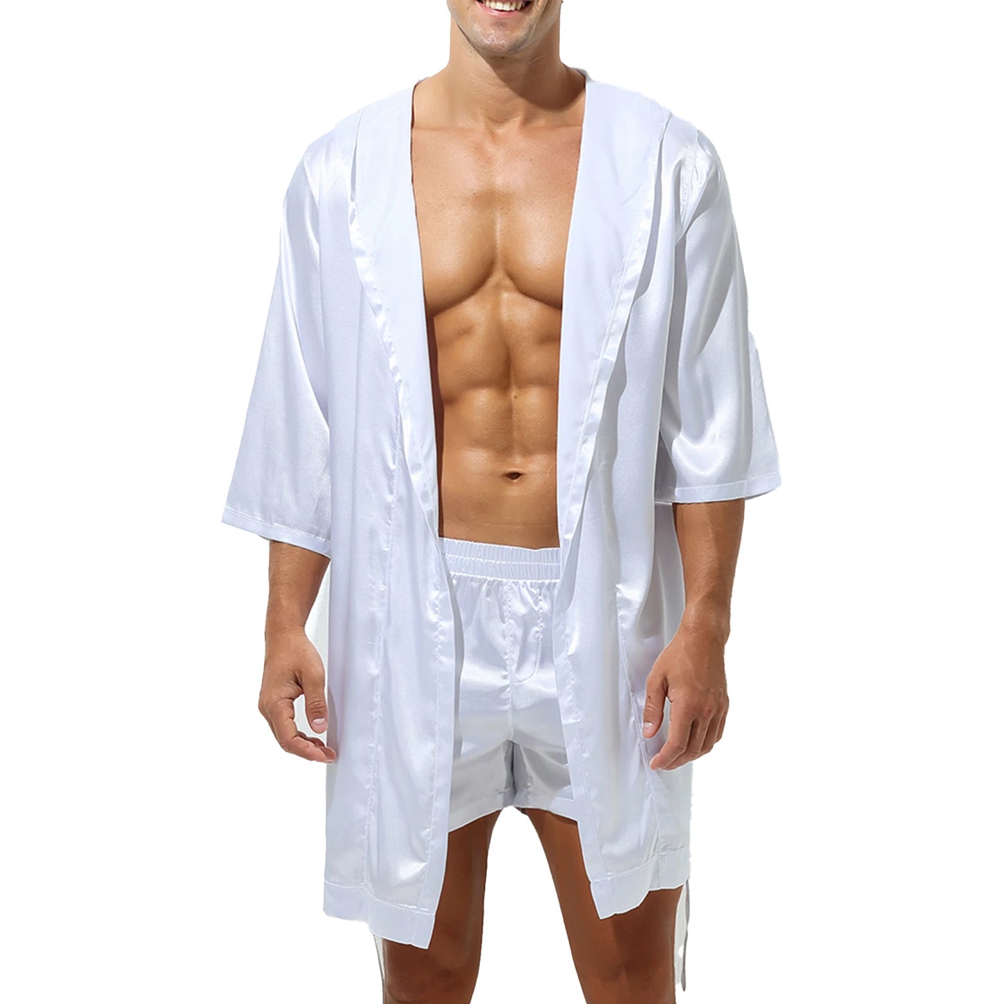 Mens Half Sleeve Sleepwear Set Hooded Open Front Belted Bathrobe with Elastic Waistband Shorts for Nightwear Loungewear