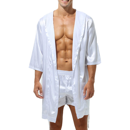 Mens Half Sleeve Sleepwear Set Hooded Open Front Belted Bathrobe with Elastic Waistband Shorts for Nightwear Loungewear