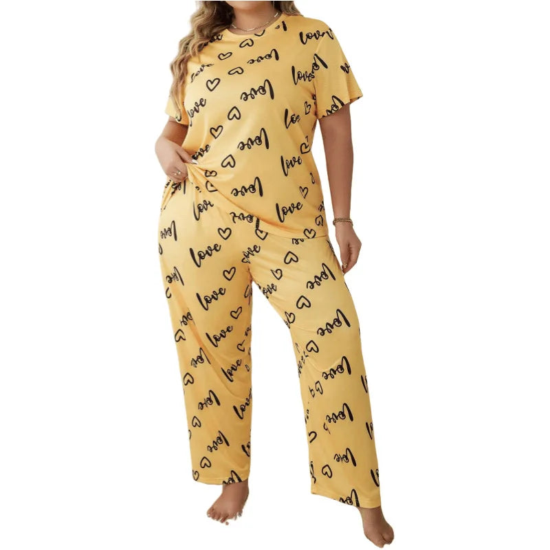 Women Sleepwear Pajamas Suit 2 Piece Sets Top Pants Outfits Short Sleeve Print Round Collar Summer Nightwear Trousers Loungewear
