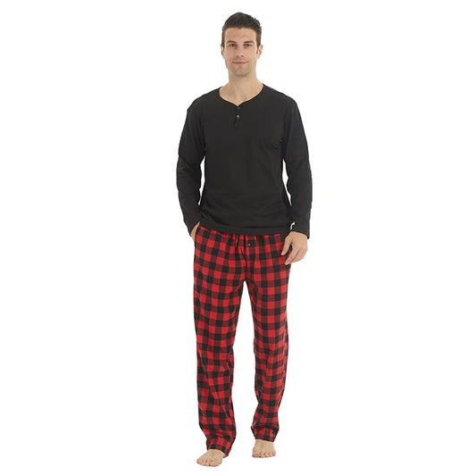 Mens Pajama Sets Long Sleeve Flannel Pajama Bottoms Mens Loungewear Sets Soft Warm Plaid Pj Set for Men Button Shirt