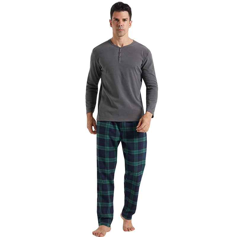 Mens Pajama Sets Long Sleeve Flannel Pajama Bottoms Mens Loungewear Sets Soft Warm Plaid Pj Set for Men Button Shirt
