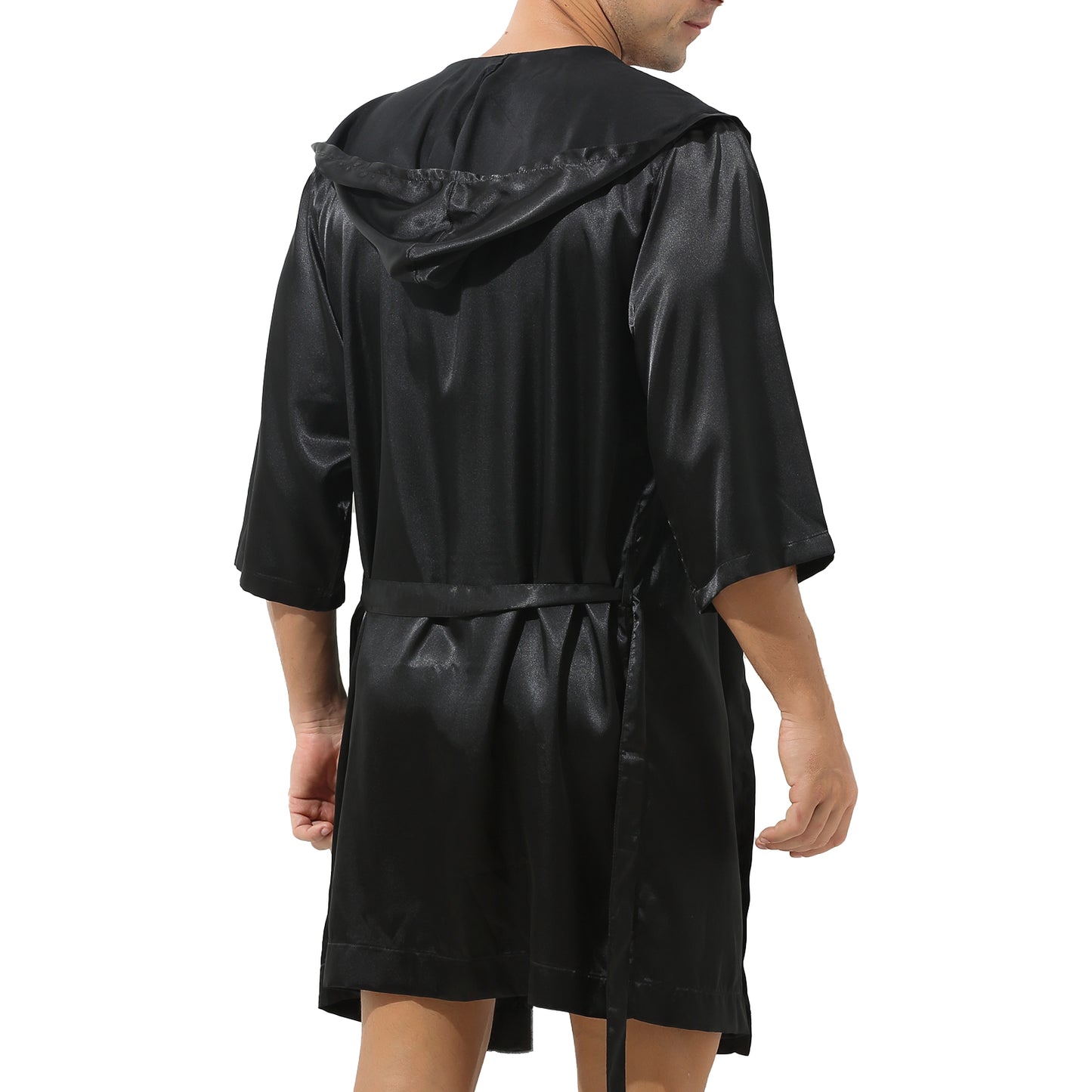 Mens Half Sleeve Sleepwear Set Hooded Open Front Belted Bathrobe with Elastic Waistband Shorts for Nightwear Loungewear