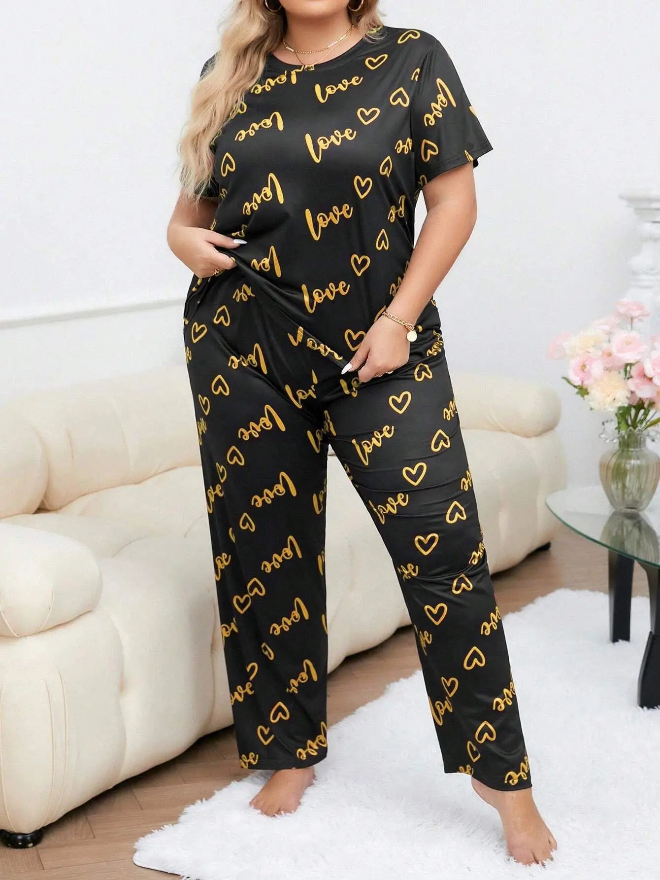 Women Sleepwear Pajamas Suit 2 Piece Sets Top Pants Outfits Short Sleeve Print Round Collar Summer Nightwear Trousers Loungewear