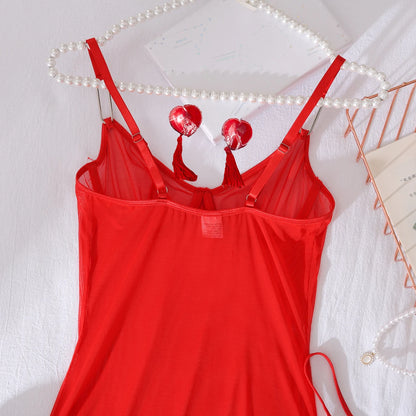 2025 new mesh sexy see through red shapewear nightgown with tassel chest patch underwear set, two-piece set