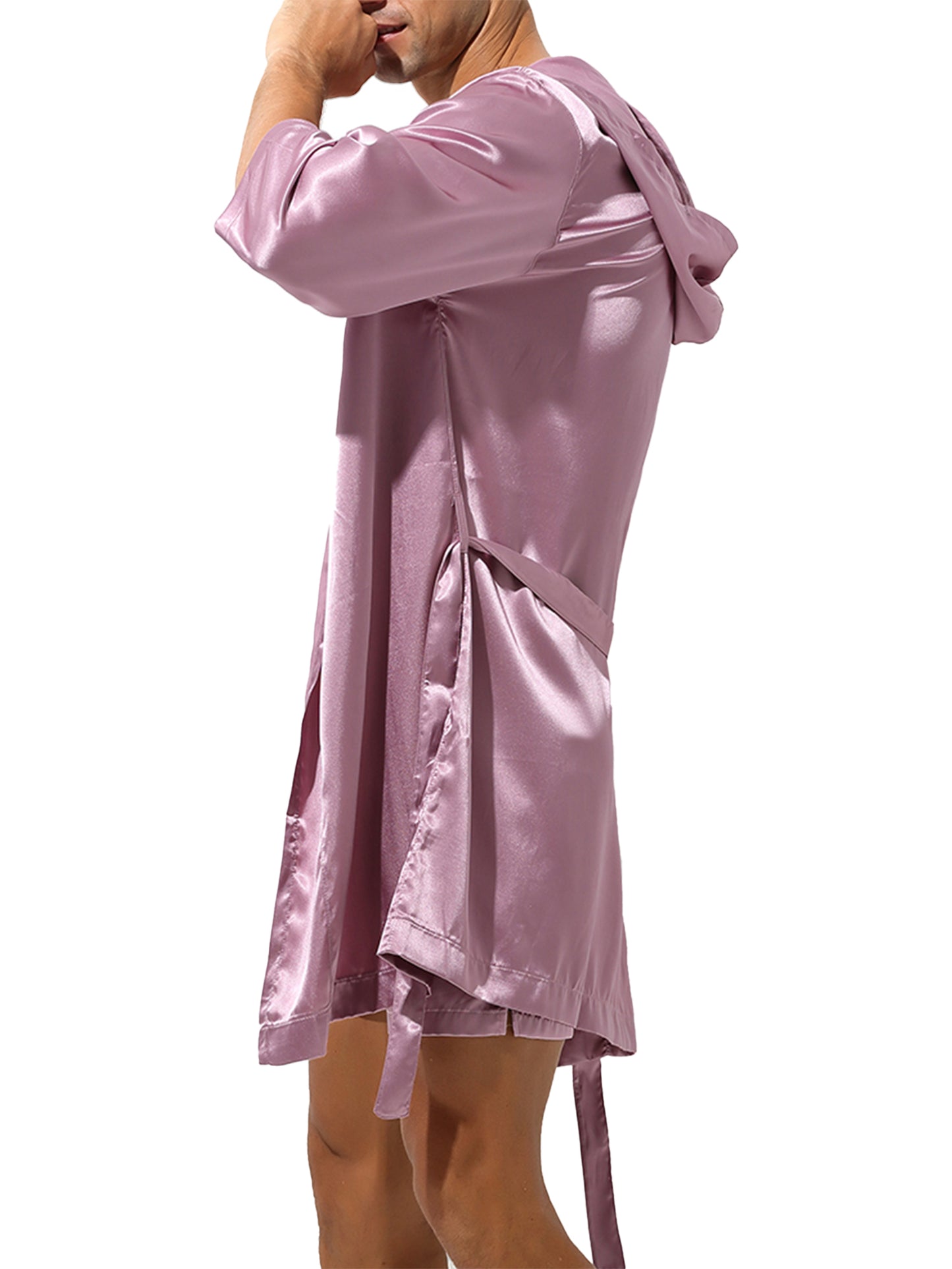 Mens Half Sleeve Sleepwear Set Hooded Open Front Belted Bathrobe with Elastic Waistband Shorts for Nightwear Loungewear