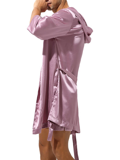 Mens Half Sleeve Sleepwear Set Hooded Open Front Belted Bathrobe with Elastic Waistband Shorts for Nightwear Loungewear